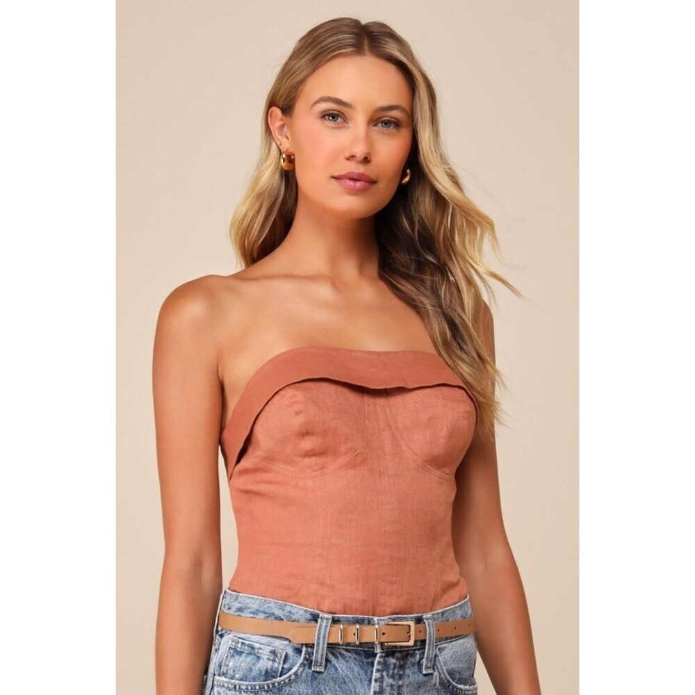 Lulus Breezy Presence Terracotta Linen Strapless Bustier Bodysuit Red - Size L